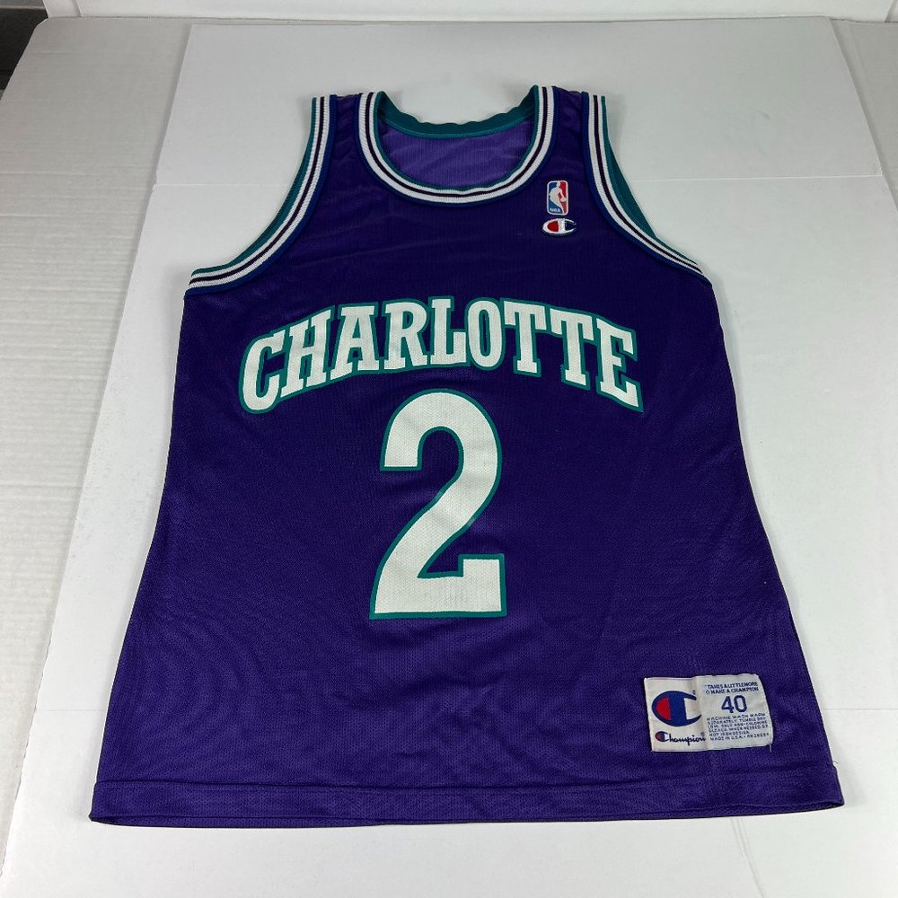 VTG 90s Champion NBA Larry Johnson Charlotte Hornets Jersey 40 Medium Purple USA